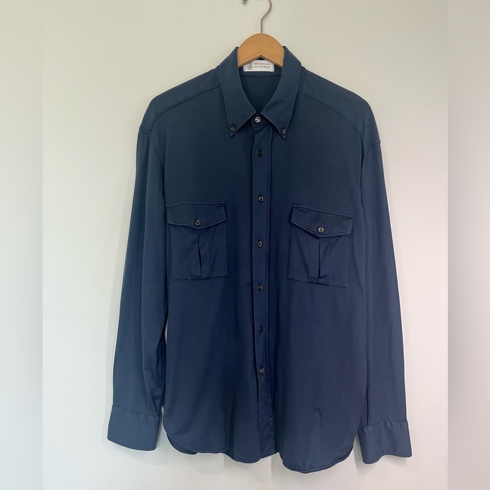 Brunello Cucinelli Navy Long-Sleeve Cotton Jersey Polo Shirt